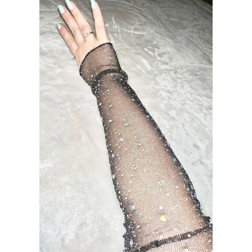 Fingerless Super sparkly black iridescent rhinestone mesh gloves